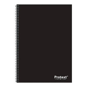 Closed black Protext Premium A4 notebook with a side wire spiral and the white Protext Premium logo near the bottom right corner