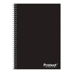 Black Protext Premium A5 spiral notebook shown closed, with silver wire coils along the left side and the Protext Premium name in the bottom right corner
