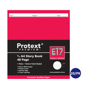 Red Protext Premium 2/3 A4 story book cover showing 48 Page, Plain / 12mm Feint Ruled, the E17 teacher's reference badge and a 20 per pack sticker