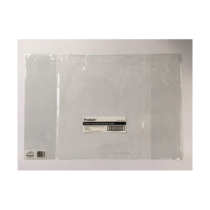 Protext clear scrap book jacket laid flat with a folded flap at each end and a white label reading Protext Scrap Book Clear Book Jacket, Pack of 10