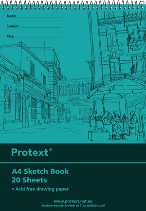 Teal cover of a Protext A4 sketch book, 20 sheets of acid free drawing paper, top spiral bound, with a street scene drawing and name lines