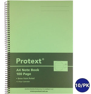 Photo of a lime green Protext A4 note book with a side wire spiral, labelled 100 Page and 8mm Feint Ruled, with a 10 per pack badge