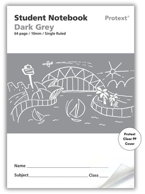 Dark grey Protext student notebook front printed 64 page 10mm single ruled, harbour line drawing and Clear PP Cover badge