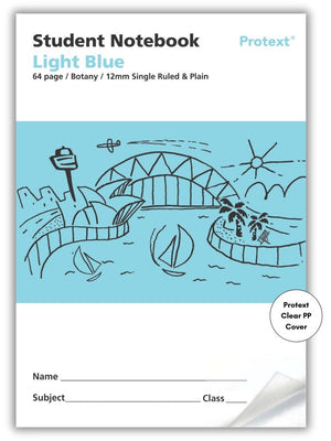 Light blue Protext student notebook front printed 64 page Botany 12mm single ruled and plain, with a harbour drawing and Clear PP Cover badge