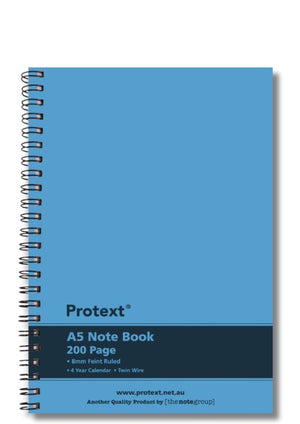 Blue Protext A5 note book with twin wire down the left side, cover printed 200 Page, 8mm Feint Ruled, 4 Year Calendar and Twin Wire on a dark band
