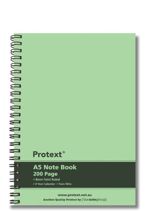Pale lime green Protext A5 note book with twin wire on the left and a dark green band printed 200 Page, 8mm Feint Ruled, 4 Year Calendar, Twin Wire