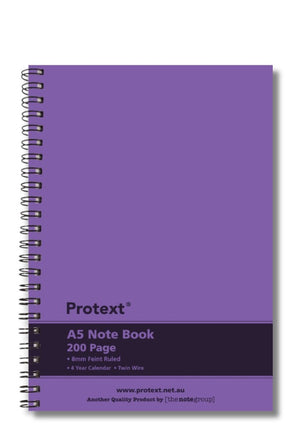 Purple Protext A5 note book with twin wire binding on the left edge and a deep purple band reading 200 Page, 8mm Feint Ruled, 4 Year Calendar and Twin Wire