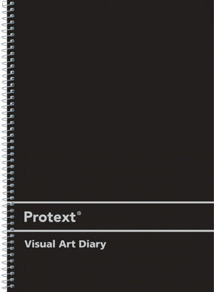Black cover Protext Visual Art Diary photographed flat, white Protext wordmark and Visual Art Diary text on a band, spiral binding along the left edge