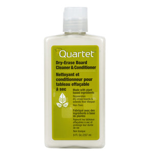 Quartet QT551 Dry-Erase Board Cleaner and Conditioner in an earlier lime green label design, a white bottle with a clear cap, English and French text and a leaf icon, labelled 8 Fl. Oz./237 ml
