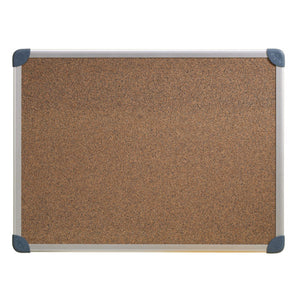 Quartet Penrite slimline corkboard photographed empty on white, a darker speckled cork in an aluminium frame with dark blue grey corner caps, shown landscape