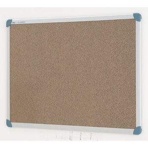 Quartet Penrite slimline corkboard with darker speckled cork in an aluminium frame and blue grey corner caps, photographed empty and landscape against a white wall