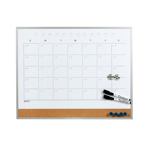 Quartet combo calendar planner QTCP406508 with an undated monthly grid headed S M T W T F S, a notes line, a cork strip with blue push pins, 2 round magnets and 2 Quartet markers, in a silver coloured frame