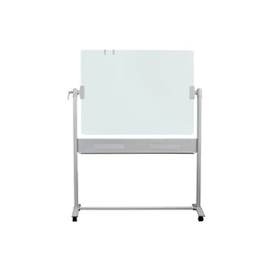 Quartet Infinity QTG1209 glass mobile board, front view of a frameless glass panel with hooks at the top edge, held on a silver stand with a ledge below the glass and castors at the feet, on a white background