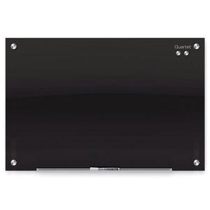 Quartet Infinity QTG2418B black glass board, front view, with silver caps at each corner, small round magnets beside the Quartet logo and a marker in a tray along the lower edge