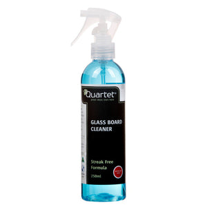 Quartet Glass Board Cleaner QTGC250ML1, 250ml trigger spray bottle in an earlier black label design reading Streak Free Formula, with blue liquid visible through the bottle, on a white background