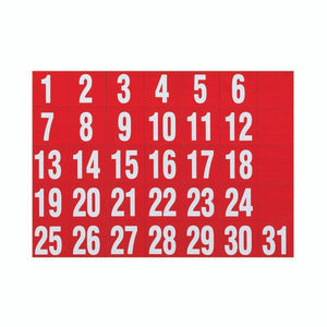 31 red Quartet QTMD31 date magnets laid out in a grid, printed with white numbers from 1 to 31.