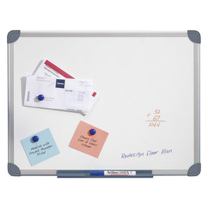 Basics whiteboard by Quartet, the range photograph shared across sizes, an aluminium frame with grey corner caps holding printed papers, a blue note and a pink note under magnets, with a marker in the tray