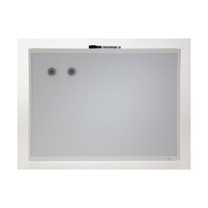 Quartet Basics whiteboard in a white frame, wider than it is tall, with dark round magnets near the top left and a marker resting along the top edge