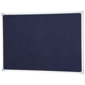 Quartet Penrite felt pinboard in Blue, a dark navy felt surface in an aluminium frame with grey corner caps, photographed empty and landscape on white
