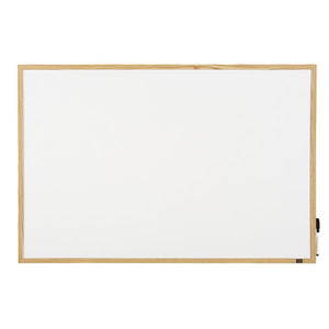 Plain white Quartet whiteboard in a light pine frame, photographed landscape on a white background with a black marker at the right hand edge