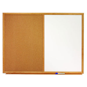 Quartet combo board in an oak framed border, cork panel on the left and a white melamine whiteboard on the right, with a blue marker resting on the tray below