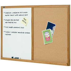 Quartet oak framed combo board with a whiteboard panel on the left carrying handwritten notes and a yellow sticky note, and cork on the right holding a red and green picture card