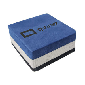Quartet QTSQME5050 mini square eraser, a blue foam top over a white middle layer and a black felt base, with the Quartet logo. 1 eraser is shown, not the pack of 30