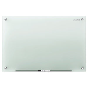 Quartet Infinity frosted glass board range photograph with a pale green cast, hung landscape on round metal corner fittings, with the Quartet logo at the top right and a marker tray holding a black marker below