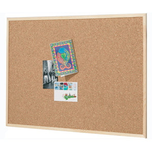 Quartet pine finish corkboard 450 x 600mm with a postcard and photos pinned to the cork