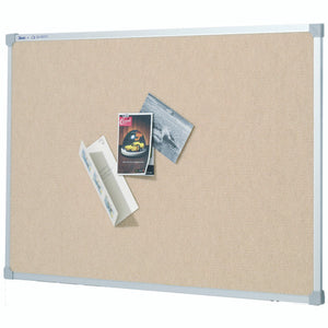 Bondi Quartet Penrite fabric pinboard showing a sand beige surface in an aluminium frame, hung landscape with a folded leaflet, a card and a photograph pinned near the centre