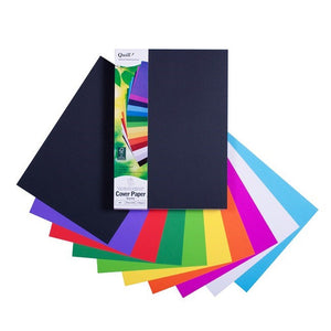 Quill Cover Paper A4 assorted with its header card, portrait sheets fanned out in black, purple, red, green, yellow, orange, pink, white and sky blue