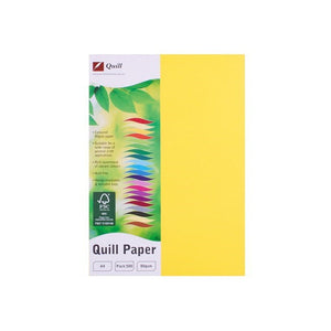 Quill Coloured Paper 80gsm A4 Lemon Pack of 500: Quill Paper pack shown beside a loose A4 sheet of Lemon paper