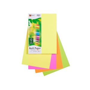 Quill Paper A4 Fluoro Assorted pack with its green leaf header card marked Pack 250, sheets fanned in yellow, pink, orange and green