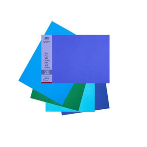 Quill A3 80gsm coloured paper in cold assorted, pack in its printed sleeve labelled paper 28 on fanned purple, blue, green and navy sheets