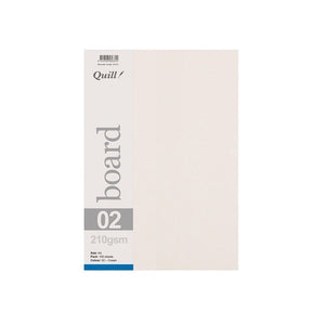Quill A4 210gsm board in cream, pack front with its printed board sleeve showing 02 and 210gsm over the cream sheets