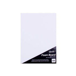 Quill Foam Board A4 white in portrait with the black Quill Foam Board pack label across the lower right corner, marked A4
