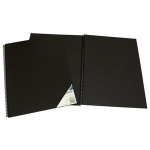 Two Quill Presentation Visual Art Diaries A3 with black covers, one lying open to show the black inside cover and spiral binding, on a white background
