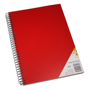 Quill Visual Art Diary A4 with a red polypropylene cover and black spiral binding, angled on a white background, with a corner label showing Visual Art Diary, A4 and 120 Pages