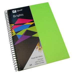 Quill Visual Art Diary A4 with a lime green polypropylene cover over a printed Quill band, black spiral binding and an A4, 120 Pages label, on a white background