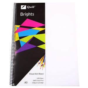 Quill Visual Art Diary A3 with a frosted white polypropylene cover over a printed Quill band, black spiral binding and an A3, 120 Pages label, on a white background