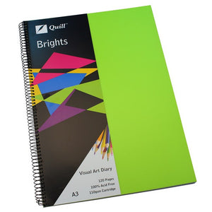 Quill Visual Art Diary A3 with a lime green polypropylene cover over a printed Quill band, black spiral binding and an A3, 120 Pages label, on a white background