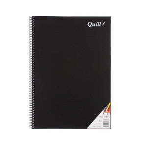 Quill Visual Art Diary A3 with a plain black polypropylene cover, white Quill logo at top right and black spiral binding, on a white background