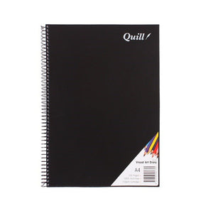 Quill Visual Art Diary A4 with a plain black polypropylene cover, white Quill logo at top right, black spiral binding and a corner label, on a white background