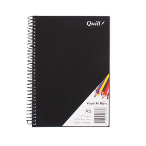 Quill Visual Art Diary A5 with a plain black polypropylene cover, white Quill logo at top right, black spiral binding and an A5 corner label, on a white background