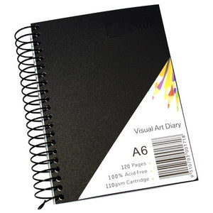 Quill Visual Art Diary A6 with a black polypropylene cover, black spiral binding and a corner label reading A6, 120 Pages and 110gsm Cartridge, on a white background