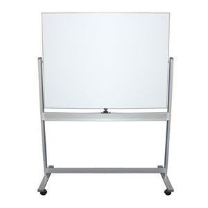 Quartet Basics mobile whiteboard, a white board with a thin frame above a grey stand with a crossbar, a knob on the lower rail and castors under both feet