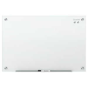 Quartet Infinity QTG2418W white frameless glass board hung landscape with round metal fittings at each corner and a marker tray along the bottom edge