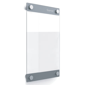 Quartet Infinity custom glassboard GI8511, angled studio view of a clear glass panel with grey bars and round silver caps at the top and bottom and the Quartet logo at the top right. The same image is used for both custom sizes and is not drawn to scale