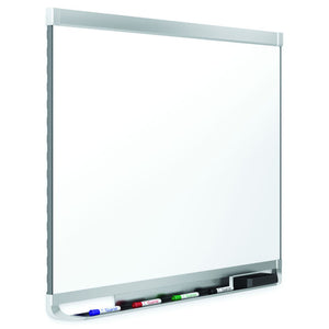 Prestige whiteboard by Quartet, the shared range photograph of a white porcelain board with an aluminium rail and a pen tray holding markers and an eraser, seen at an angle