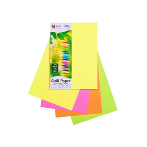 Quill Coloured Paper 80gsm A4 Fluoro Assorted Pack of 100: resealable Quill Paper pack shown in front of fanned A4 sheets in the Fluoro Assorted colours
